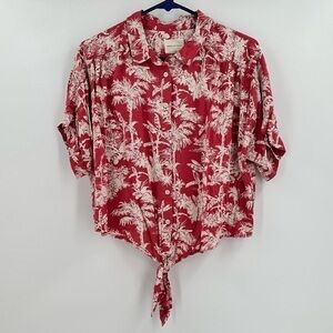 American Eagle Button Down Women’s Tie Front Tropical Print Viscose Top Size L
